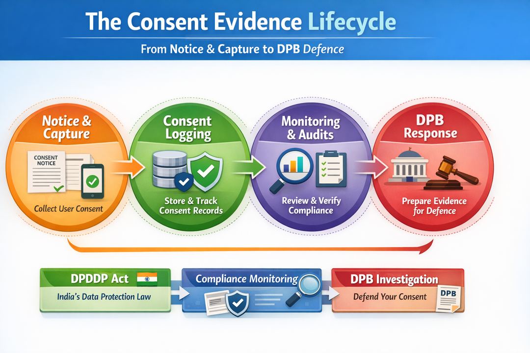 Infographic showing how consent flows from notice and capture through logging, audits and DPB defence.