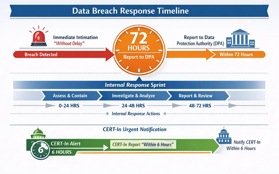 Infographic showing DPDP breach-notification and response timeline including immediate intimation, 72-hour report, and CERT-In 6-hour overlay