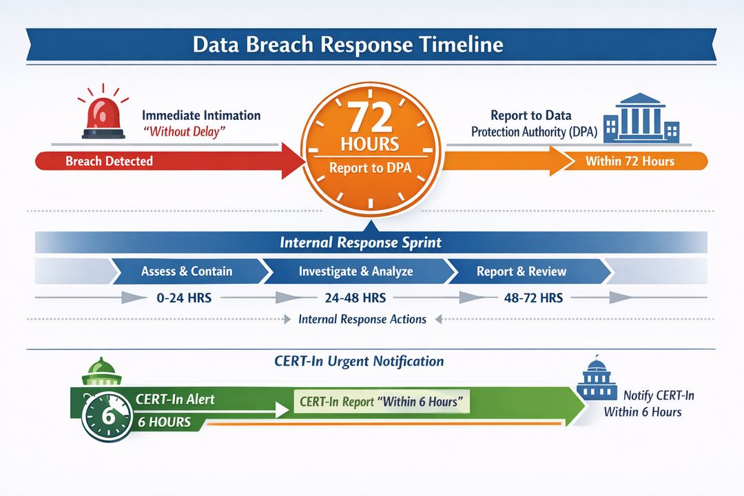 Infographic showing DPDP breach-notification and response timeline including immediate intimation, 72-hour report, and CERT-In 6-hour overlay