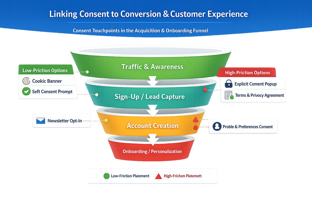 Infographic of a digital funnel showing where and how consent prompts can be placed to balance compliance and conversion.