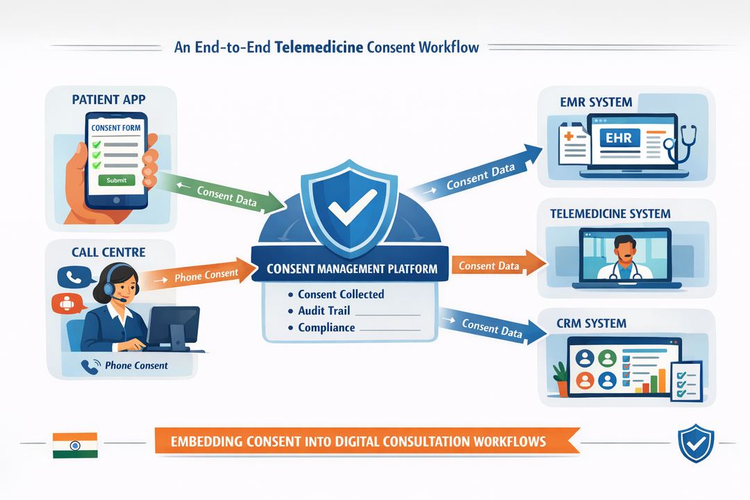 Infographic diagram showing an end-to-end telemedicine consent workflow across patient app, call centre, EMR and consent management platform.