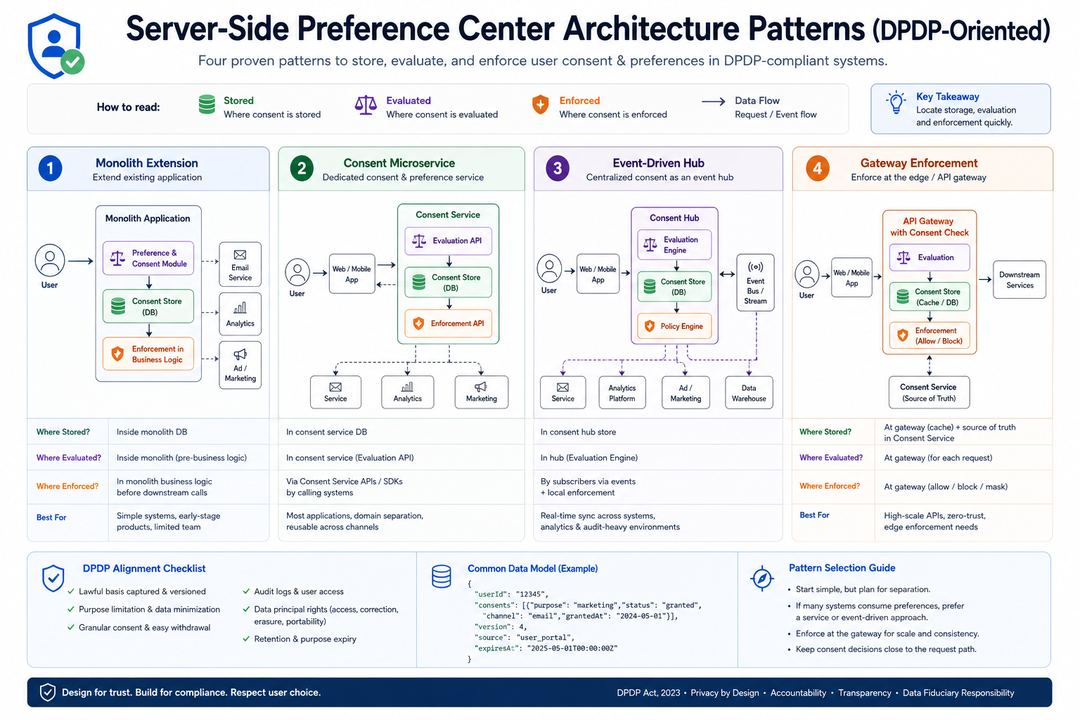 Infographic diagram comparing four server-side preference center architecture patterns and their data flows.
