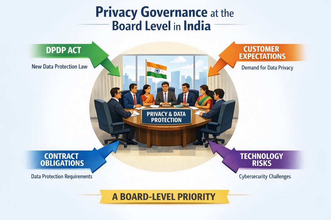 Infographic showing an Indian corporate board at the centre with arrows from regulation, customers, contracts and technology, highlighting privacy as a board-level issue.