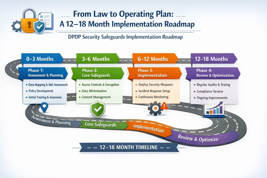 Timeline-style infographic of a 12–18 month DPDP safeguard implementation roadmap.