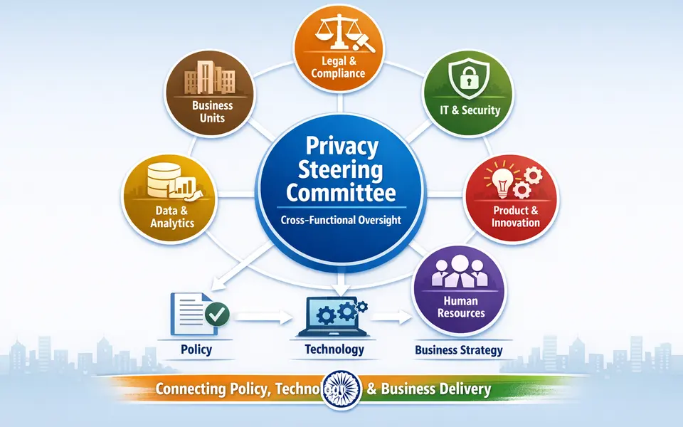 Diagram-style infographic showing a privacy steering committee at the centre with spokes to legal, IT/security, product, HR, data and business units.