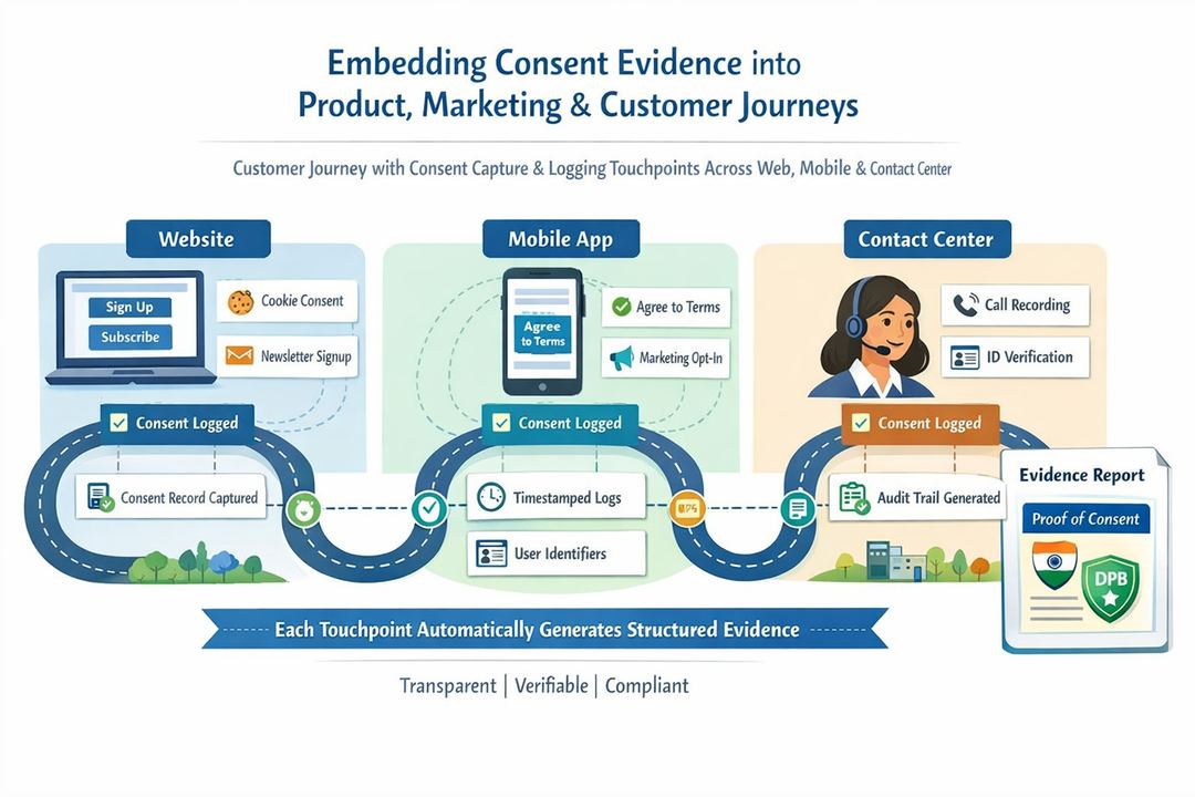 Diagram of a customer journey with consent capture, logging and evidence checkpoints across web, mobile and contact centre.