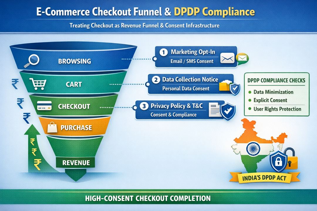 Infographic diagram showing an ecommerce checkout funnel with overlayed consent capture points and DPDP compliance checks.