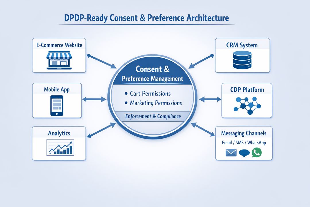 Diagram of a DPDP-ready consent architecture sitting between ecommerce, CRM, CDP, and messaging channels.