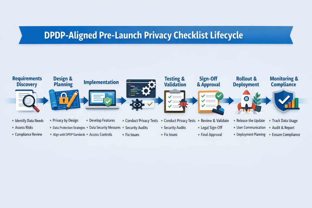 Infographic showing an end-to-end DPDP-aligned pre-launch privacy checklist lifecycle