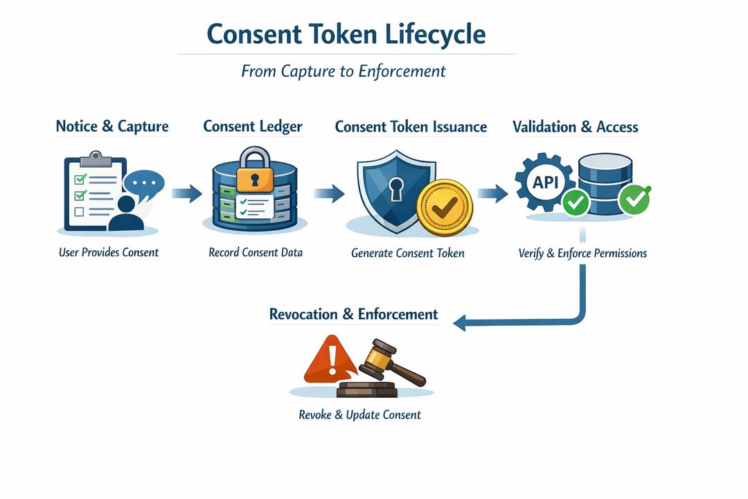 Infographic diagram showing a consent lifecycle: notice and capture, consent ledger, consent token issuance, validation at APIs and data platforms, and revocation flowing back to enforcement.