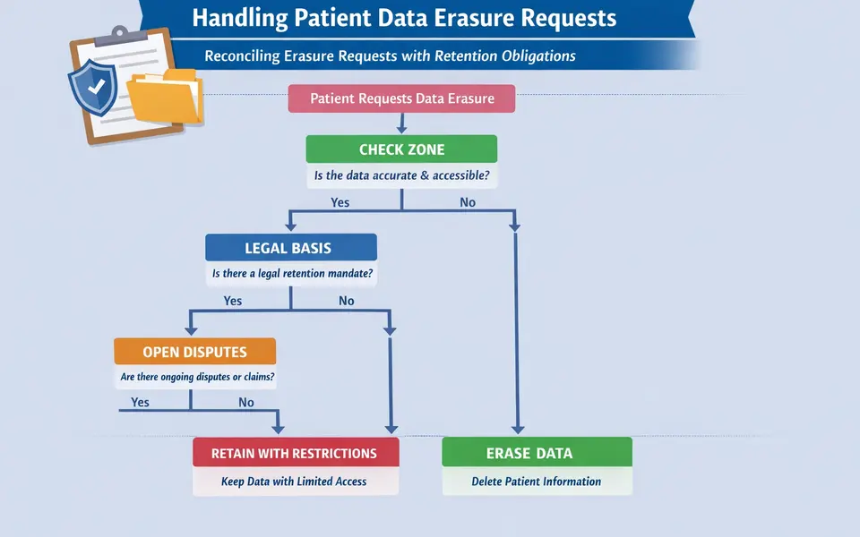 Decision-tree style infographic showing how a clinic handles a patient data erasure request against retention obligations.