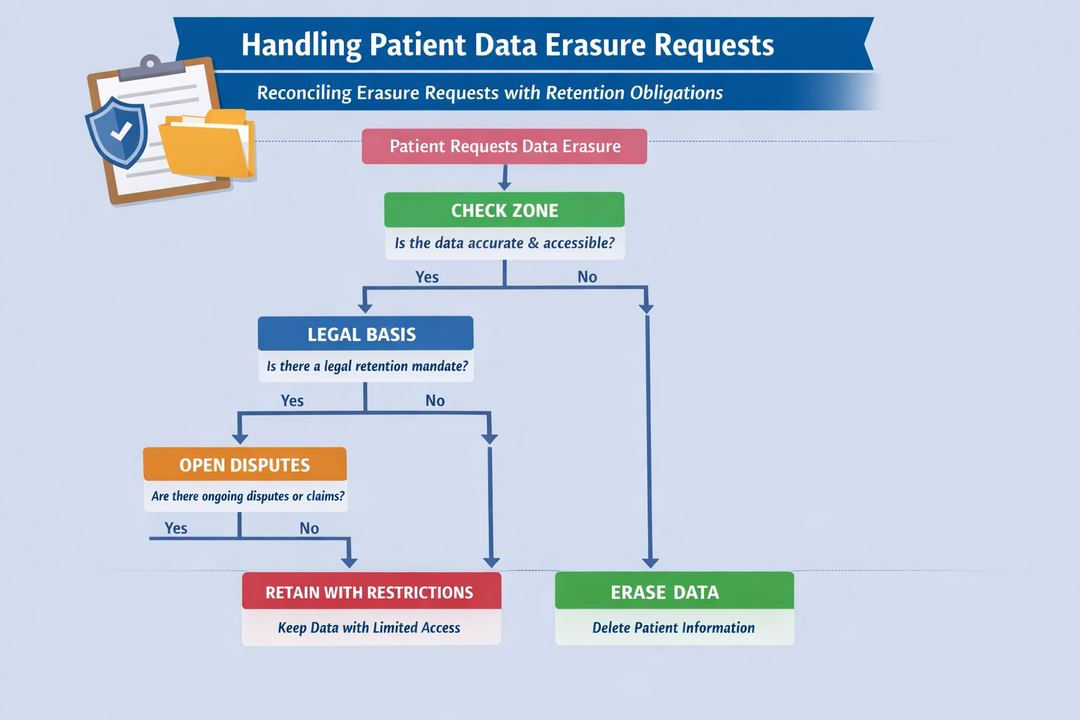 Decision-tree style infographic showing how a clinic handles a patient data erasure request against retention obligations.