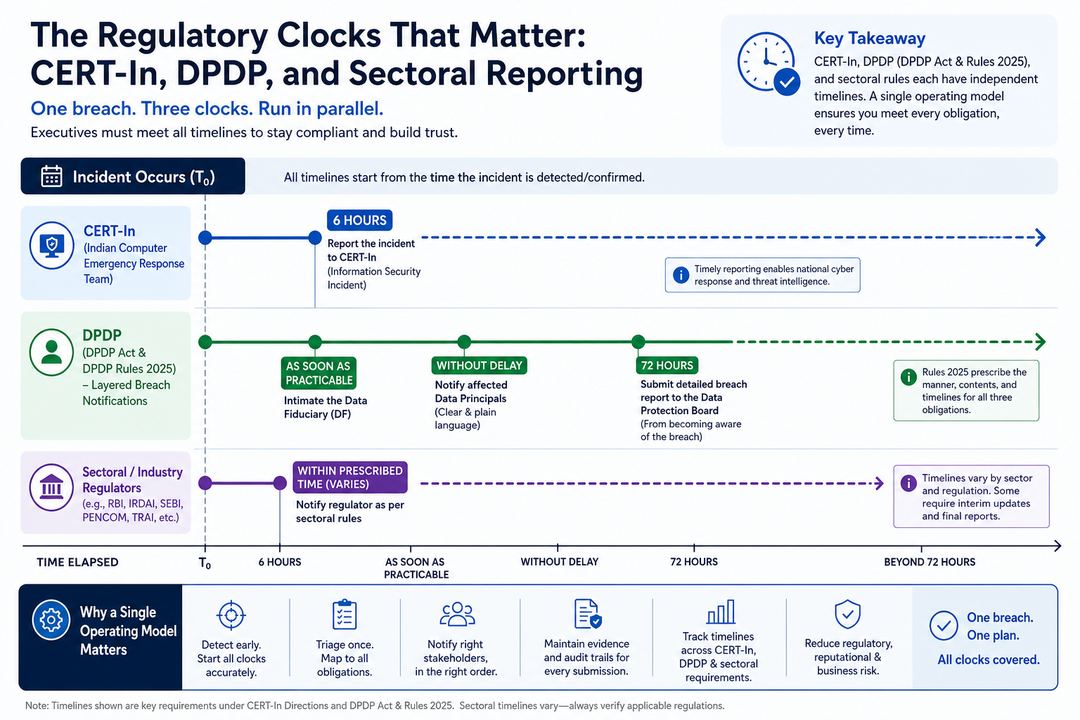 Infographic showing parallel timelines for CERT-In’s six-hour incident reporting and DPDP’s layered breach notifications, including the 72-hour detailed report.