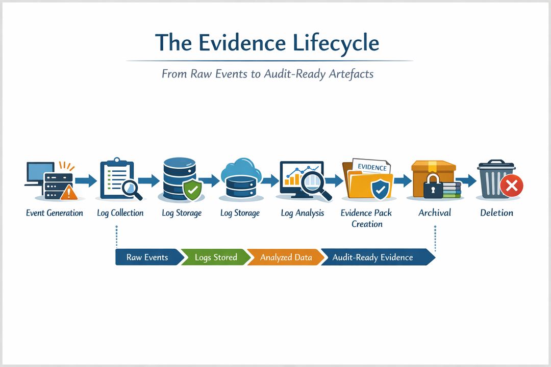 Infographic diagram showing the evidence lifecycle from event generation to log collection, storage, analysis, evidence pack creation, archival, and deletion.