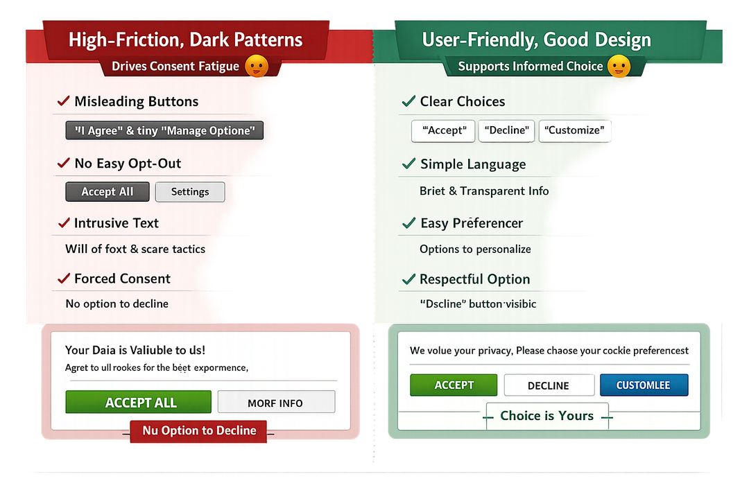 Diagram contrasting high-friction, dark-pattern consent banners with balanced, user-friendly consent UX.
