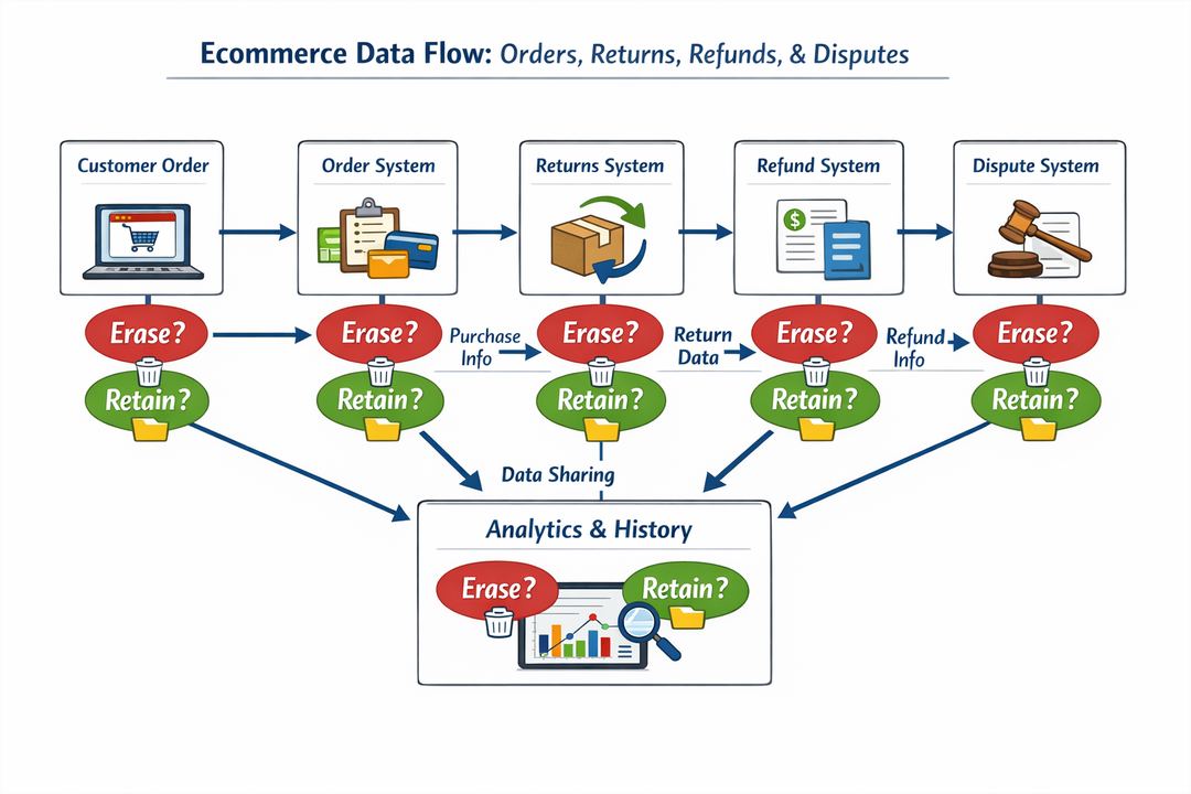 Infographic-style diagram of an ecommerce order, return, refund, and dispute data flow, with erasure and retention decision points marked at each system.