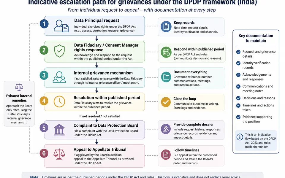 Flow diagram from rights request through internal grievance handling to the Data Protection Board and Appellate Tribunal under the DPDP framework.