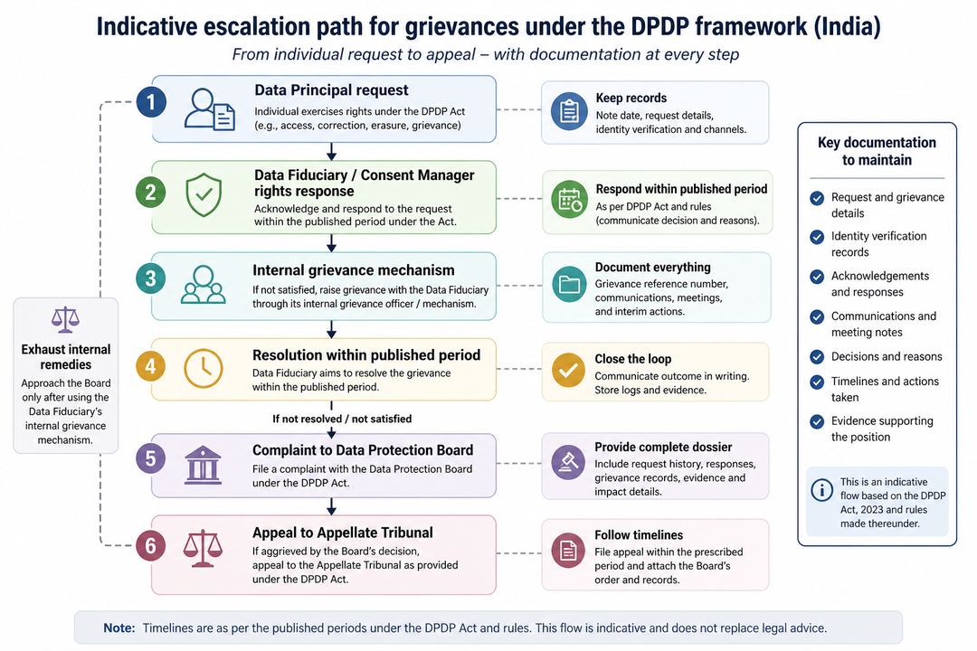 Flow diagram from rights request through internal grievance handling to the Data Protection Board and Appellate Tribunal under the DPDP framework.