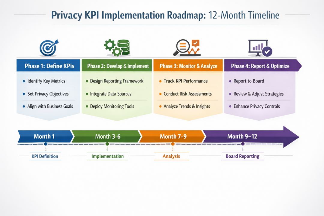 Timeline infographic showing phases for designing, implementing, and refining privacy KPIs over 12 months.