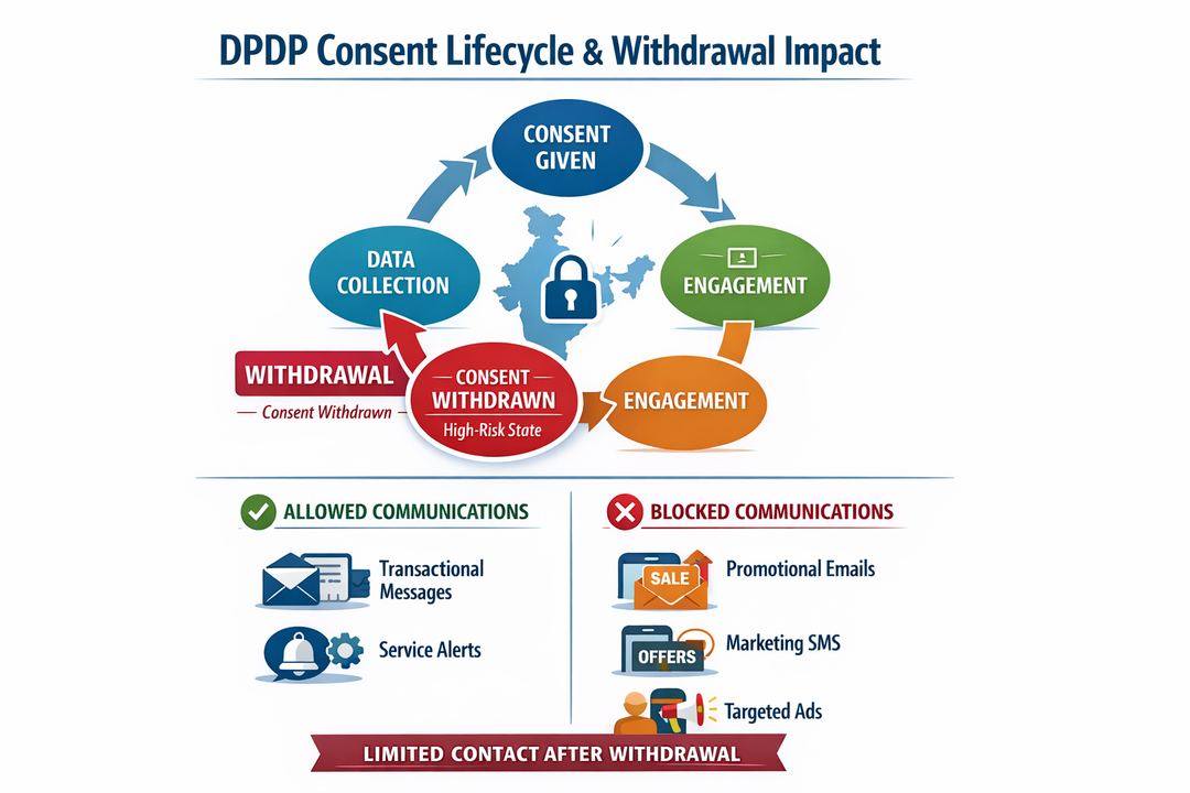 Infographic showing the DPDP consent lifecycle with a highlighted withdrawal step and the resulting allowed vs blocked communication types.