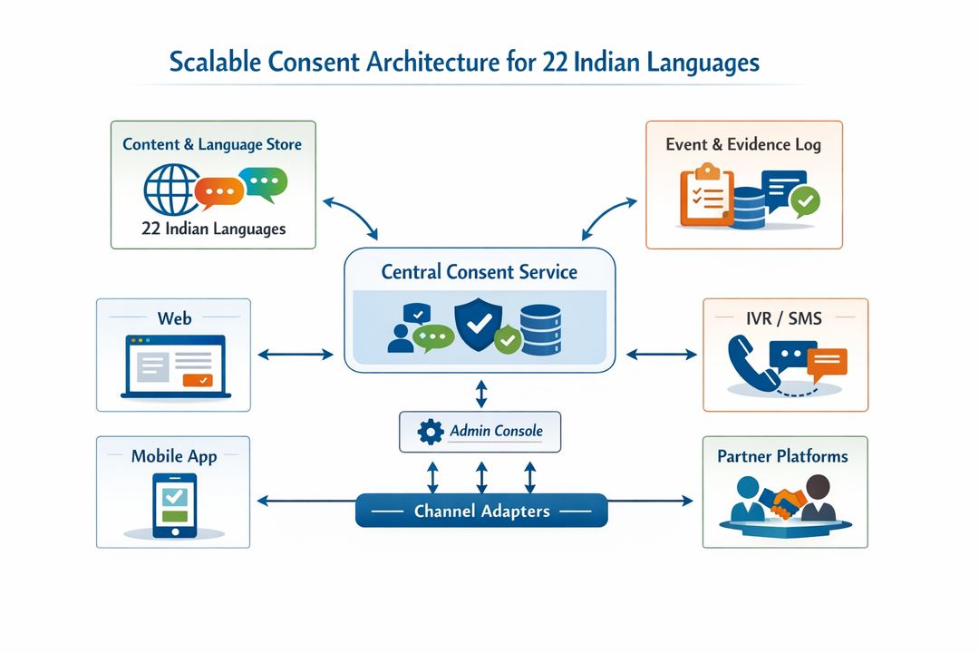 Diagram of a multilingual consent architecture with a central consent service, content/language store, event log, admin console, and multiple channels like web, mobile, IVR, and partners.