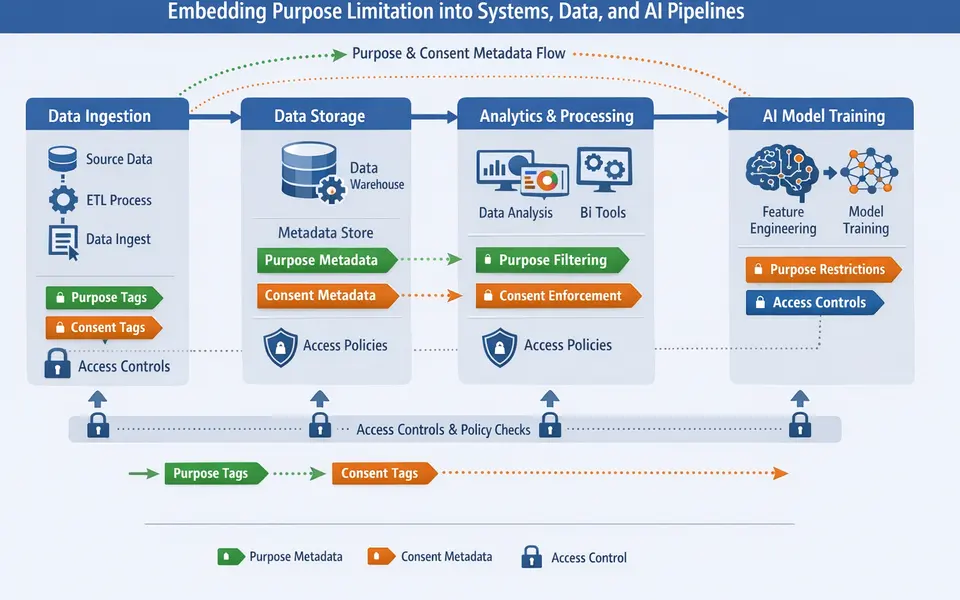 Architecture diagram showing purpose and consent tags flowing through data and AI pipelines