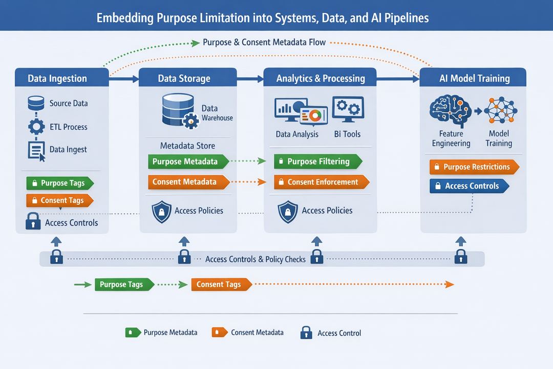Architecture diagram showing purpose and consent tags flowing through data and AI pipelines