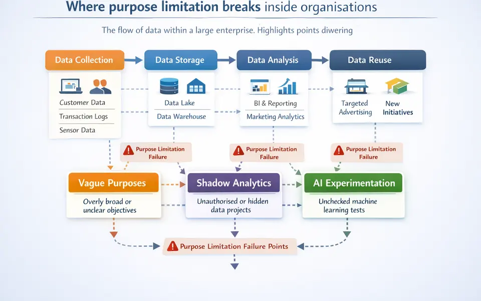 Diagram mapping typical data flows and points where purpose limitation fails in a large enterprise