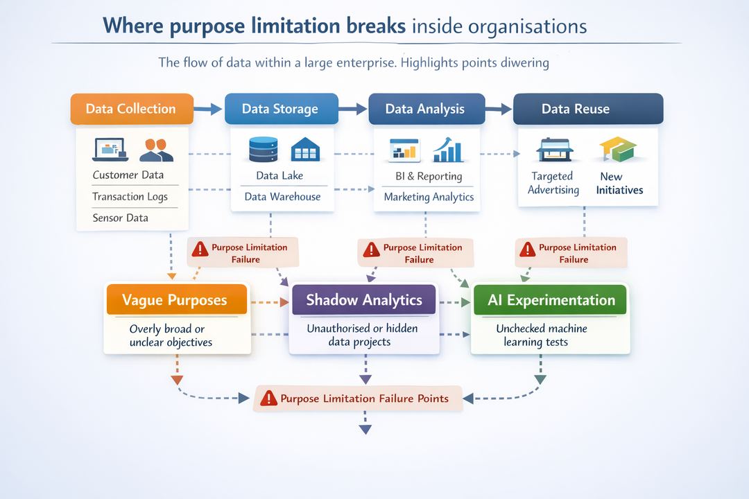 Diagram mapping typical data flows and points where purpose limitation fails in a large enterprise