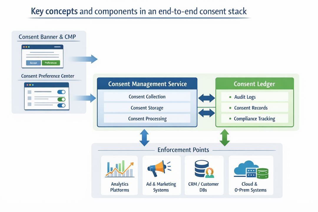 Infographic diagram showing core components of a modern consent stack, from banner and CMP through consent service to consent ledger and enforcement points.