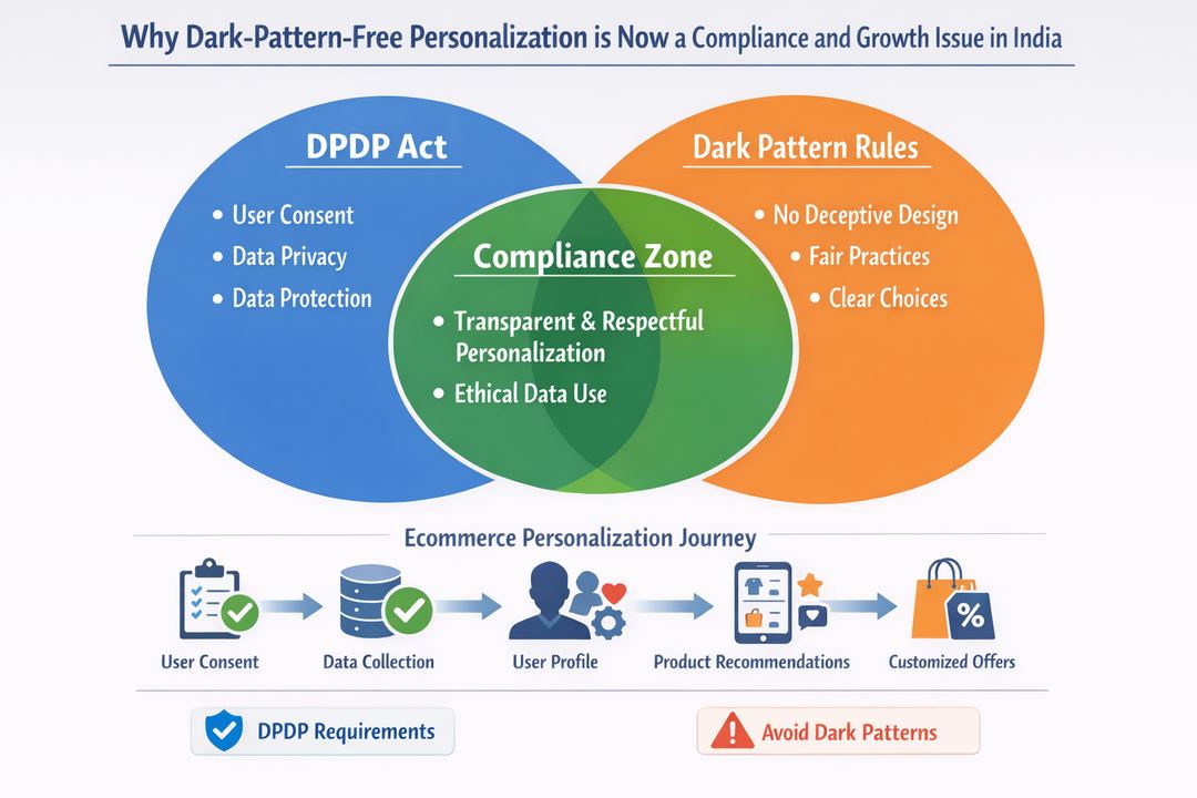 Infographic showing overlap of DPDP consent rules, dark pattern guidelines, and a retail personalization stack.