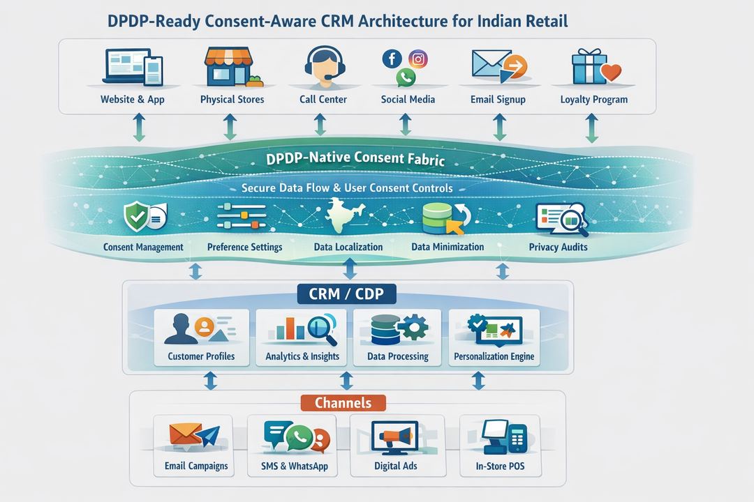 Infographic diagram of a DPDP-ready consent-aware CRM architecture for Indian retail, showing touchpoints, consent layer, CRM/CDP, and channels.