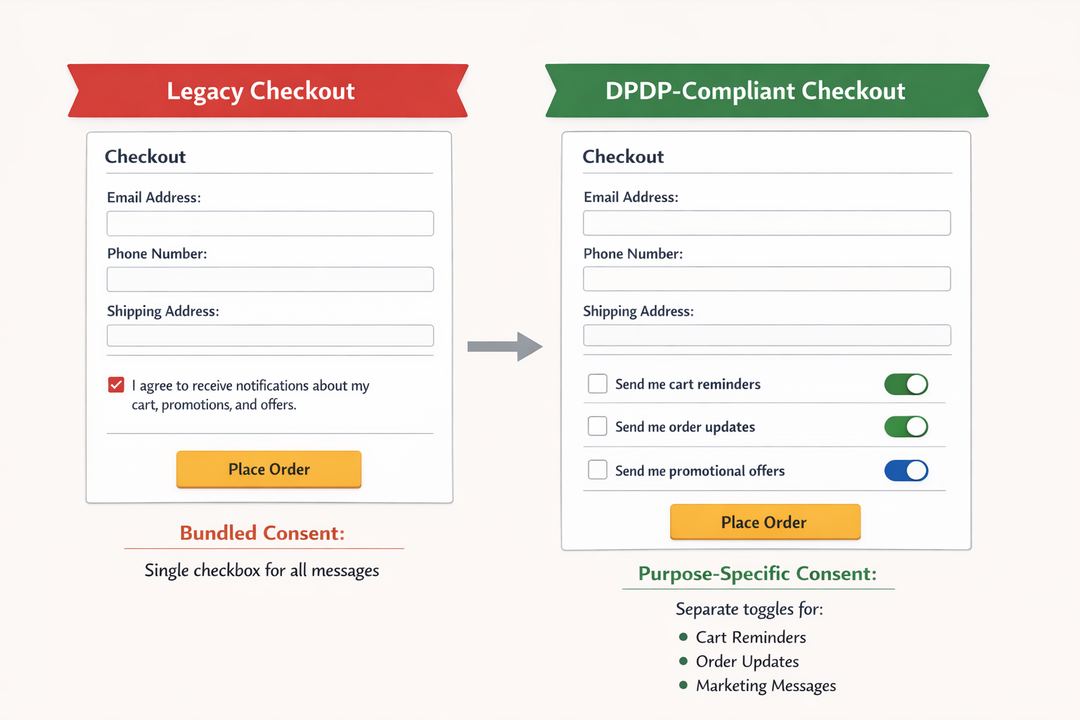 Infographic showing a DPDP-compliant checkout and consent flow with separate toggles for service messages, cart reminders, and marketing.