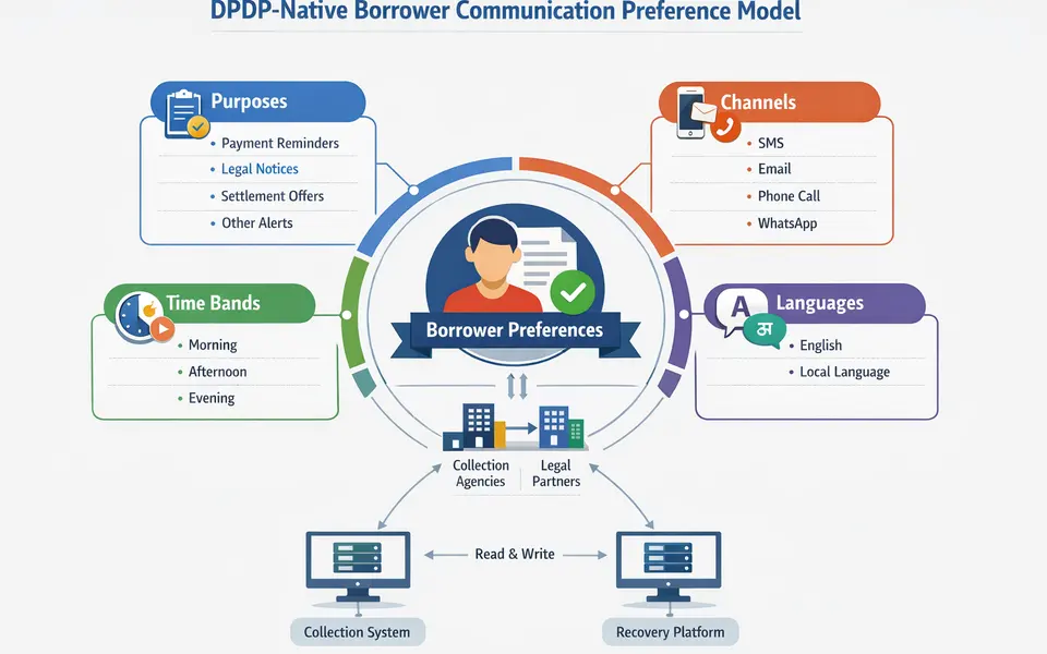 Infographic of a borrower communication preference schema connecting purposes, channels, time bands, languages, and partners.