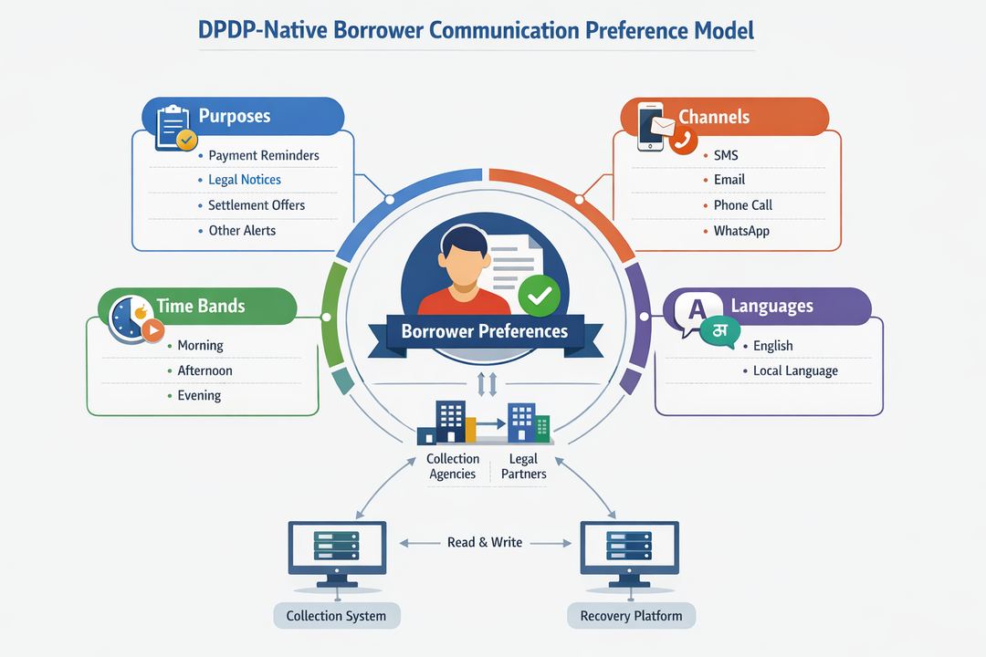 Infographic of a borrower communication preference schema connecting purposes, channels, time bands, languages, and partners.