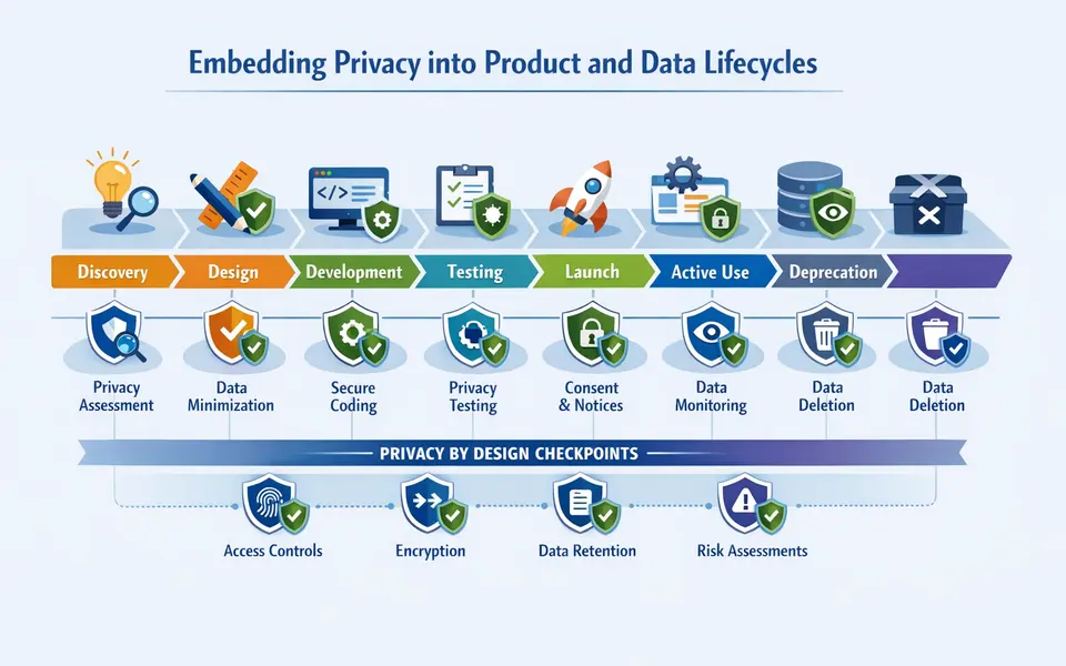 Infographic of end-to-end product and data lifecycle with embedded privacy checkpoints