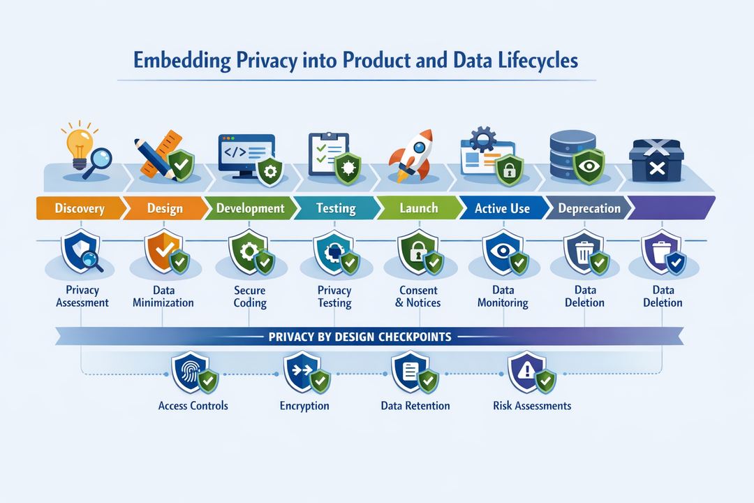 Infographic of end-to-end product and data lifecycle with embedded privacy checkpoints