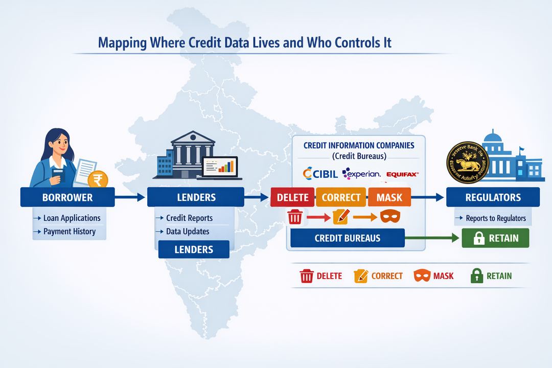 Infographic showing data flow between borrower, lender systems, credit information companies, and regulators, with deletion and correction control points highlighted.