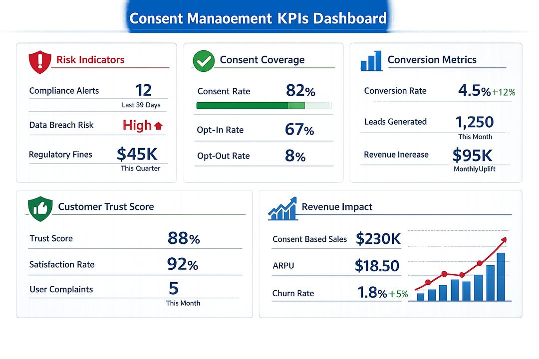 Dashboard-style infographic showing consent KPIs across risk, consent quality, and revenue metrics.