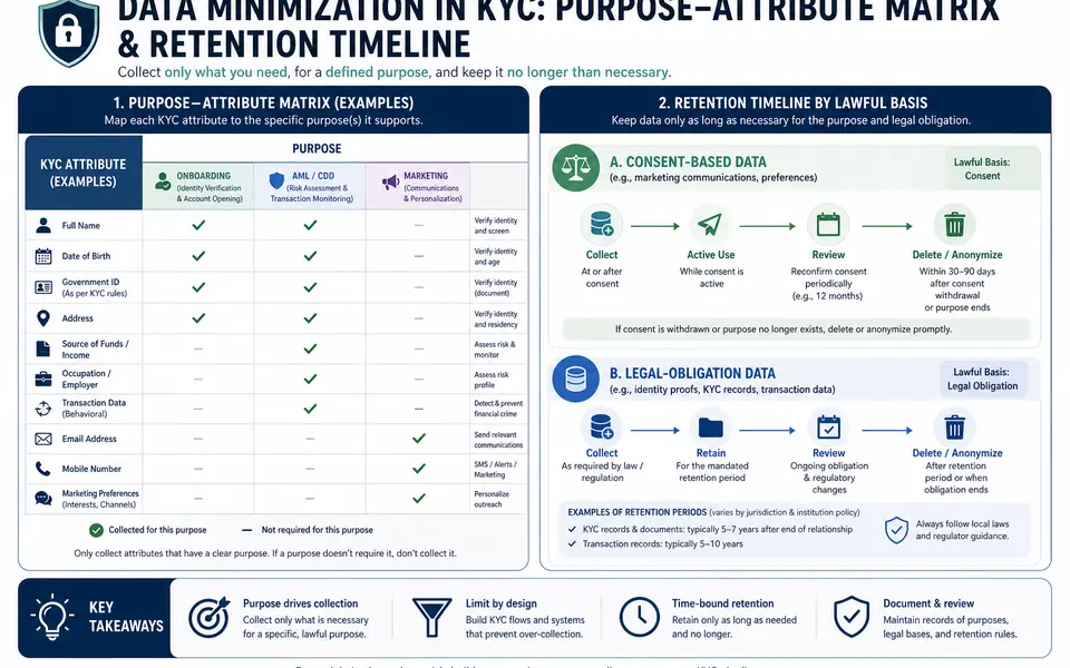 Infographic of a purpose–attribute matrix and retention timeline for KYC data