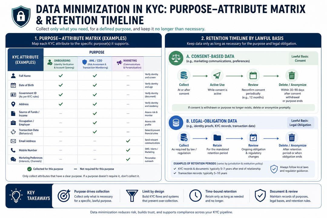 Infographic of a purpose–attribute matrix and retention timeline for KYC data