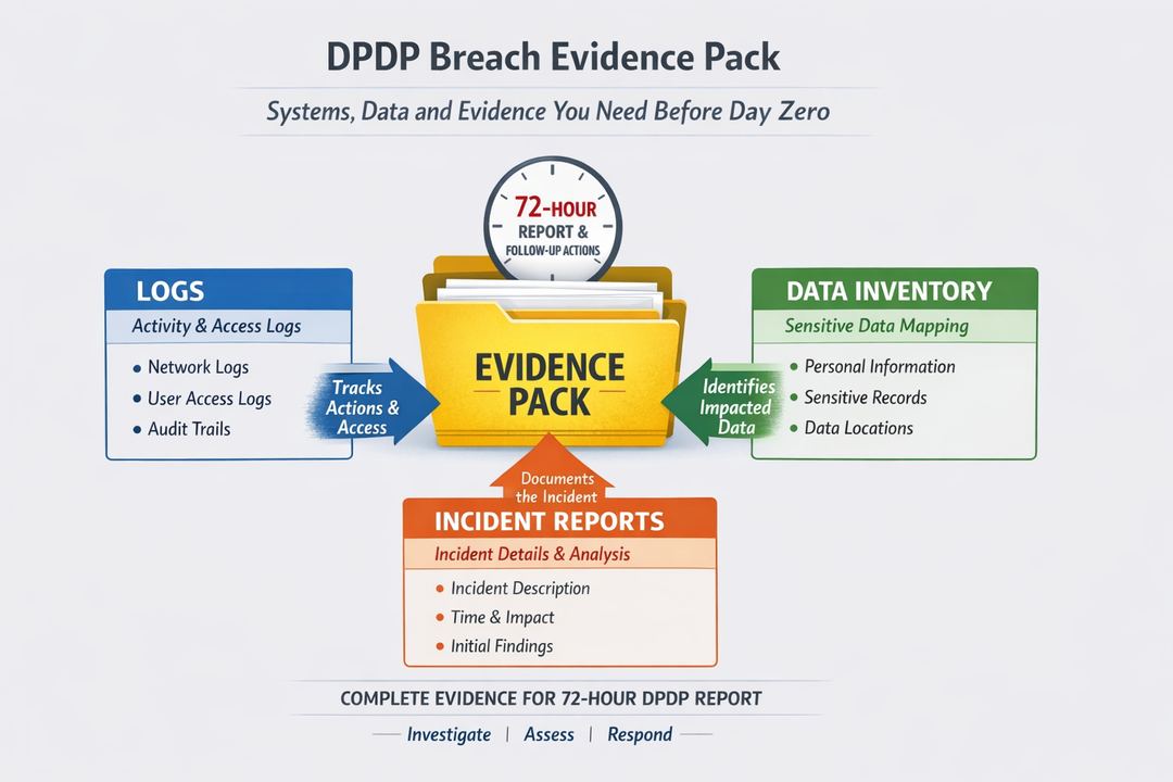 Diagram of DPDP incident evidence pack linking logs, data inventory and incident reports