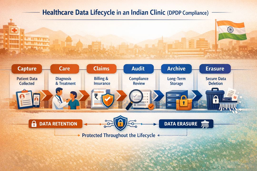 Infographic of a healthcare data lifecycle in an Indian clinic from collection to archival and erasure under DPDP.
