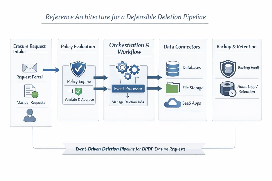 Infographic showing an event-driven deletion pipeline architecture from erasure request intake through policy evaluation, orchestration, connectors, and backups.