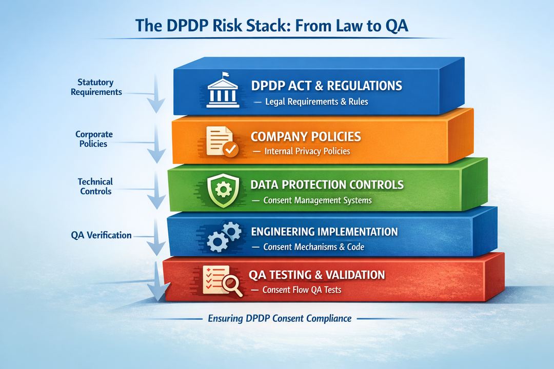 Infographic showing the DPDP risk stack from law and rules down to policies, systems, and QA tests for consent flows.