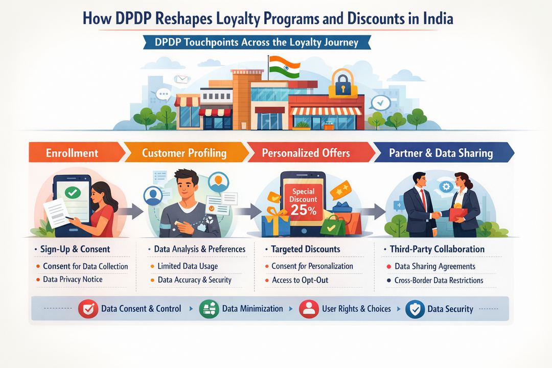 Infographic showing how DPDP requirements intersect with common loyalty program elements like enrollment, profiling, discounts, and partner sharing.