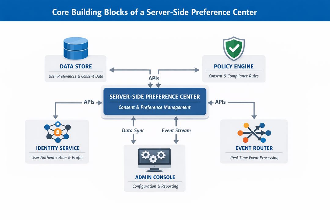 Infographic-style component diagram of a server-side preference center showing data store, APIs, policy engine, event router, identity service, and admin console.