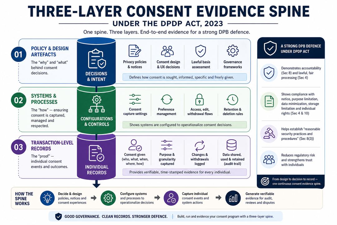 Infographic of a three-layer consent evidence spine under the DPDP Act