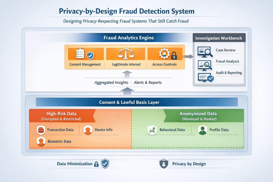 Architecture infographic of a privacy-by-design fraud detection system with segregated data zones, consent and lawful-basis layer, analytics, and investigation workbench.