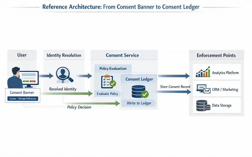 Infographic diagram showing end-to-end consent flow from user banner interaction through consent service and ledger to enforcement points across systems.